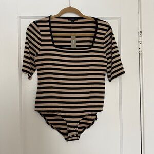 J. Crew Squareneck Stretch Black & Tan Striped Bodysuit